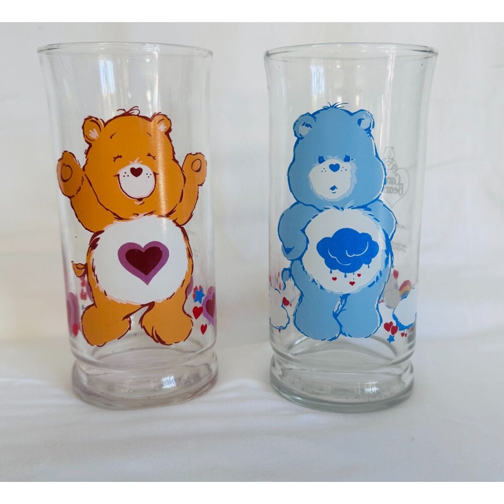 Vintage Pizza Hut Care Bears Drinking Tall Glasses Grumpy Tenderheart 1983 (2)